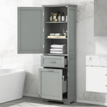 Tall Freestanding Storage Cabinet With Two Different Size Drawers And Adjustable Shelf